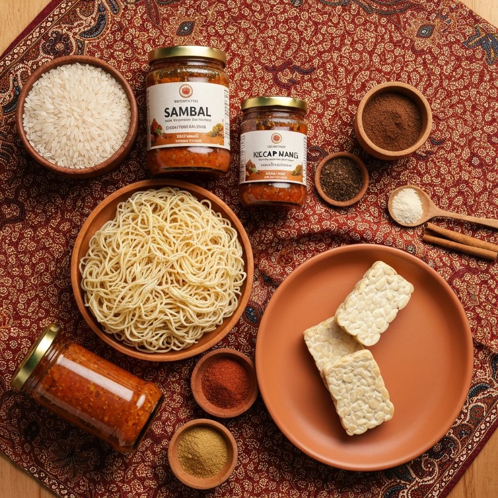 Authentic Indonesian pantry ingredients including rice, spices, and sauces