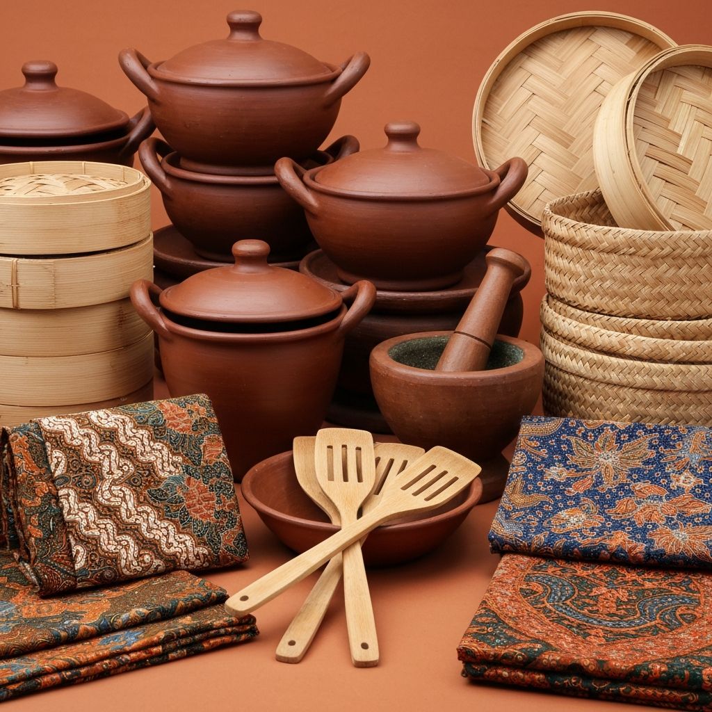 Indonesian kitchen cookware including clay pots, bamboo steamers and traditional utensils