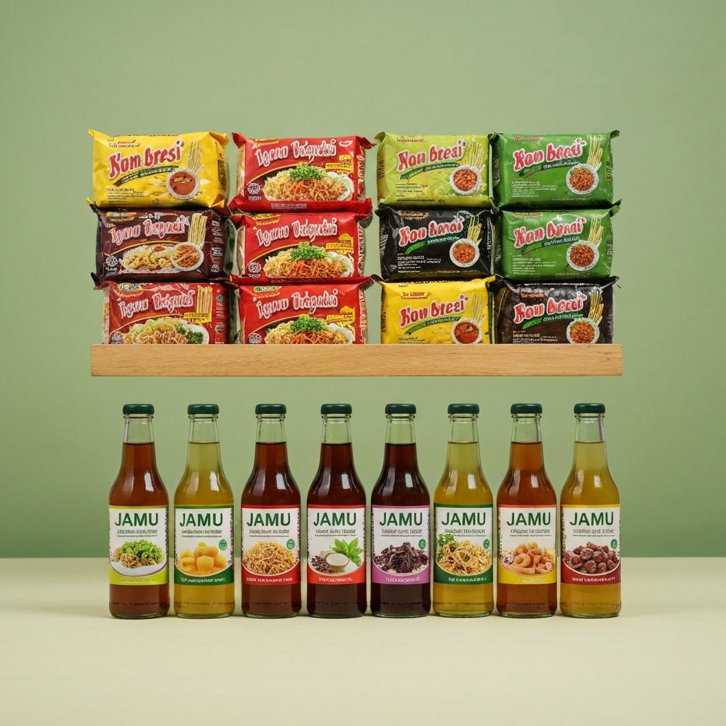 Indonesian instant noodle packages and jamu herbal drink bottles arranged neatly