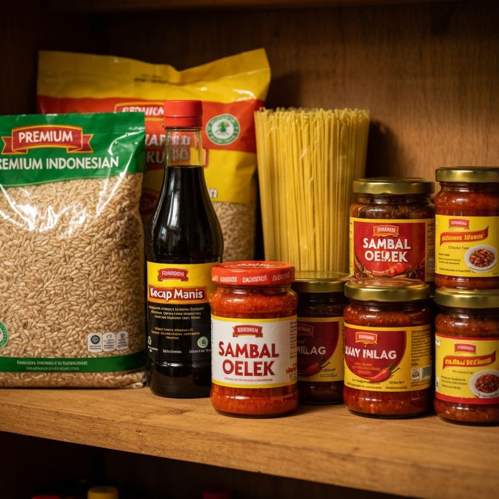 Indonesian pantry staples including rice bags, noodles, and sauces on a wooden shelf