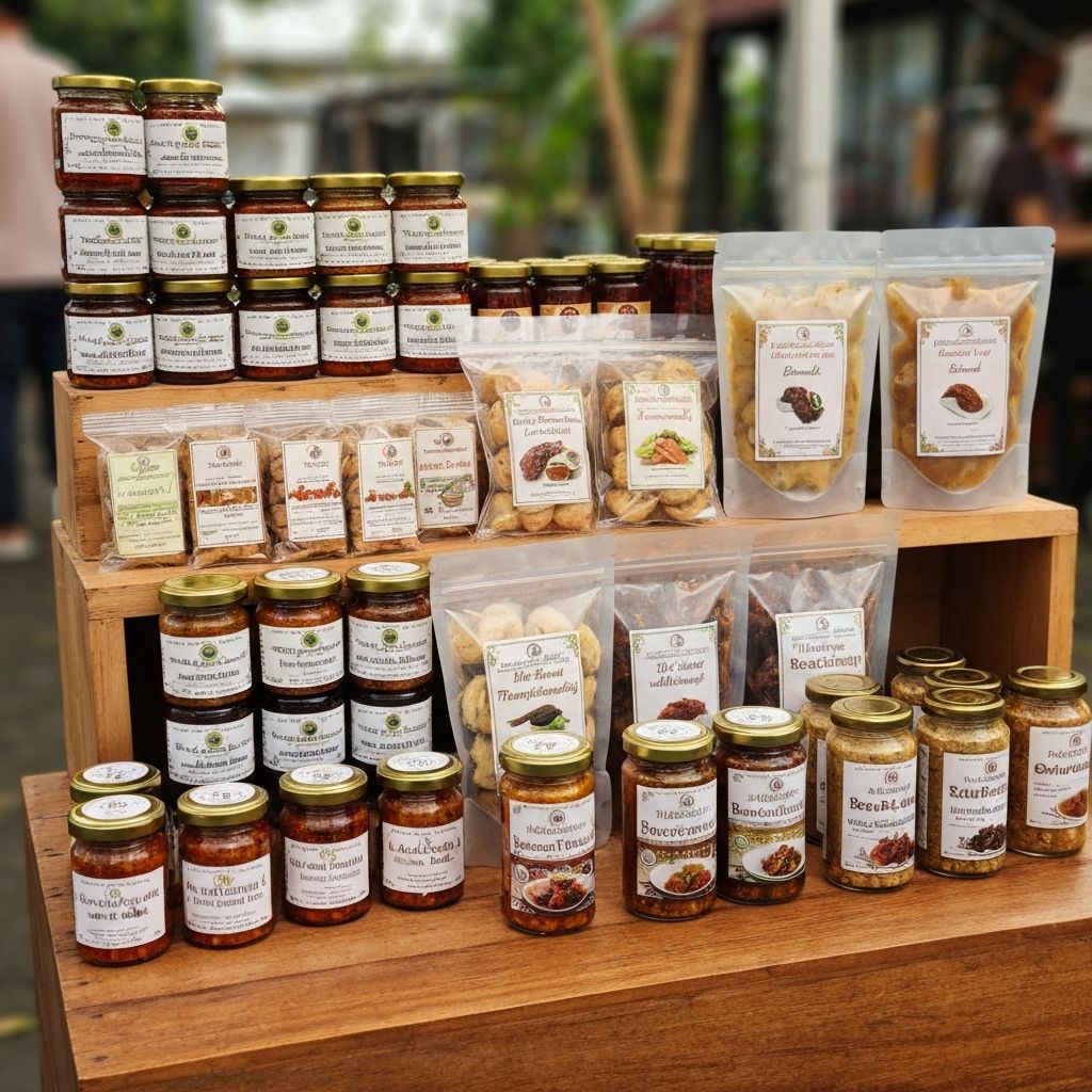 Artisan Indonesian food products including homemade sambal and traditional packaged foods on a market display