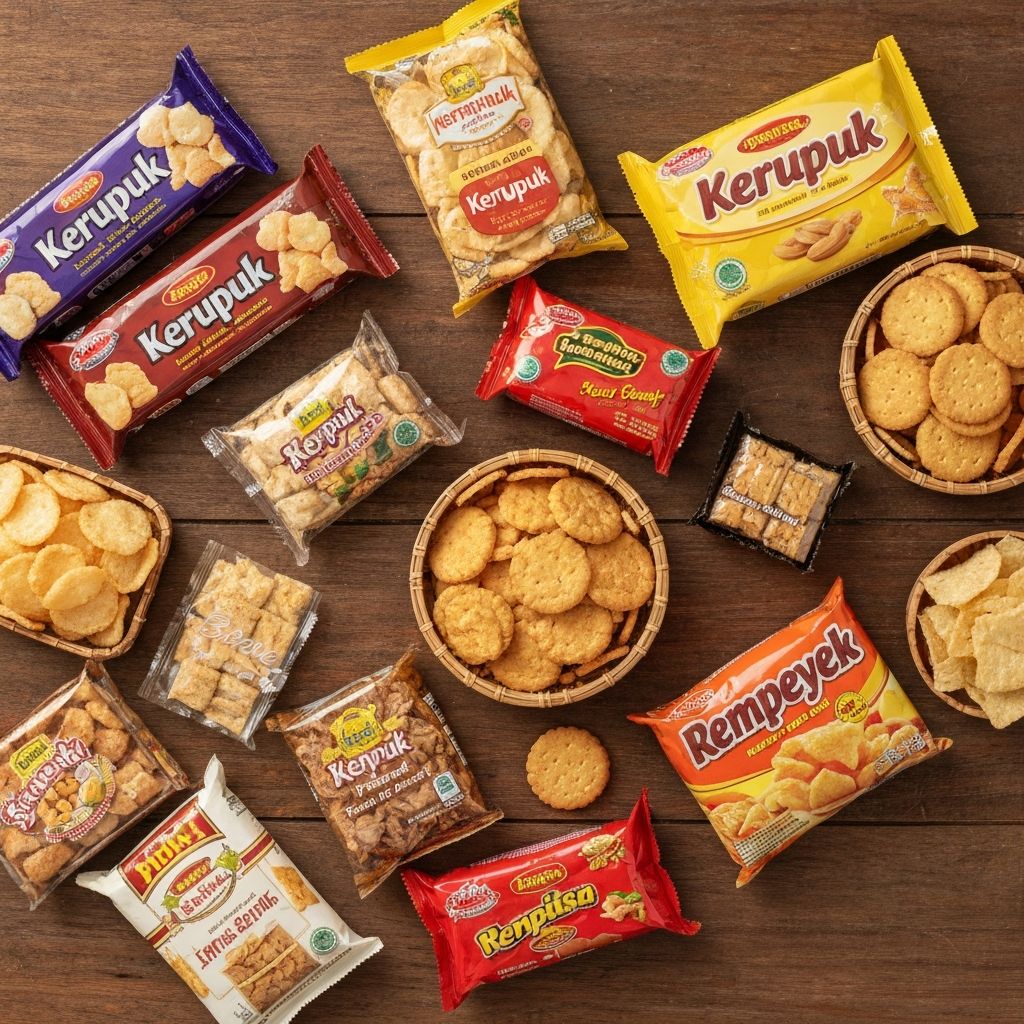 Assorted Indonesian snacks and crackers including kerupuk and biscuits arranged on a wooden surface